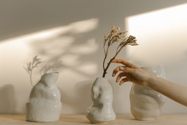 Porcelain vases on display.