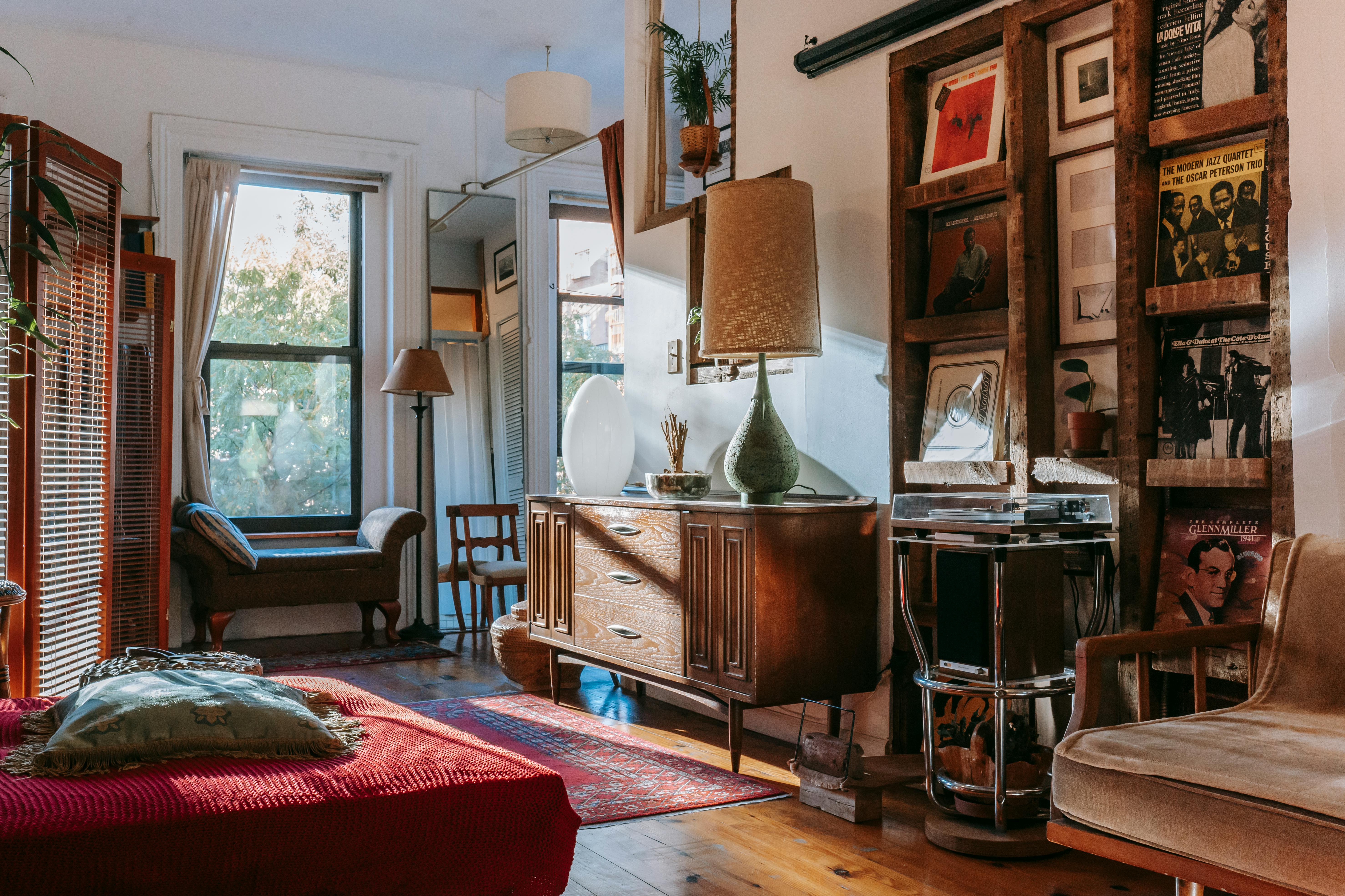 A cozy room with incorporated vintage finds.