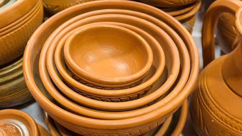 Stacks of clay bowls.