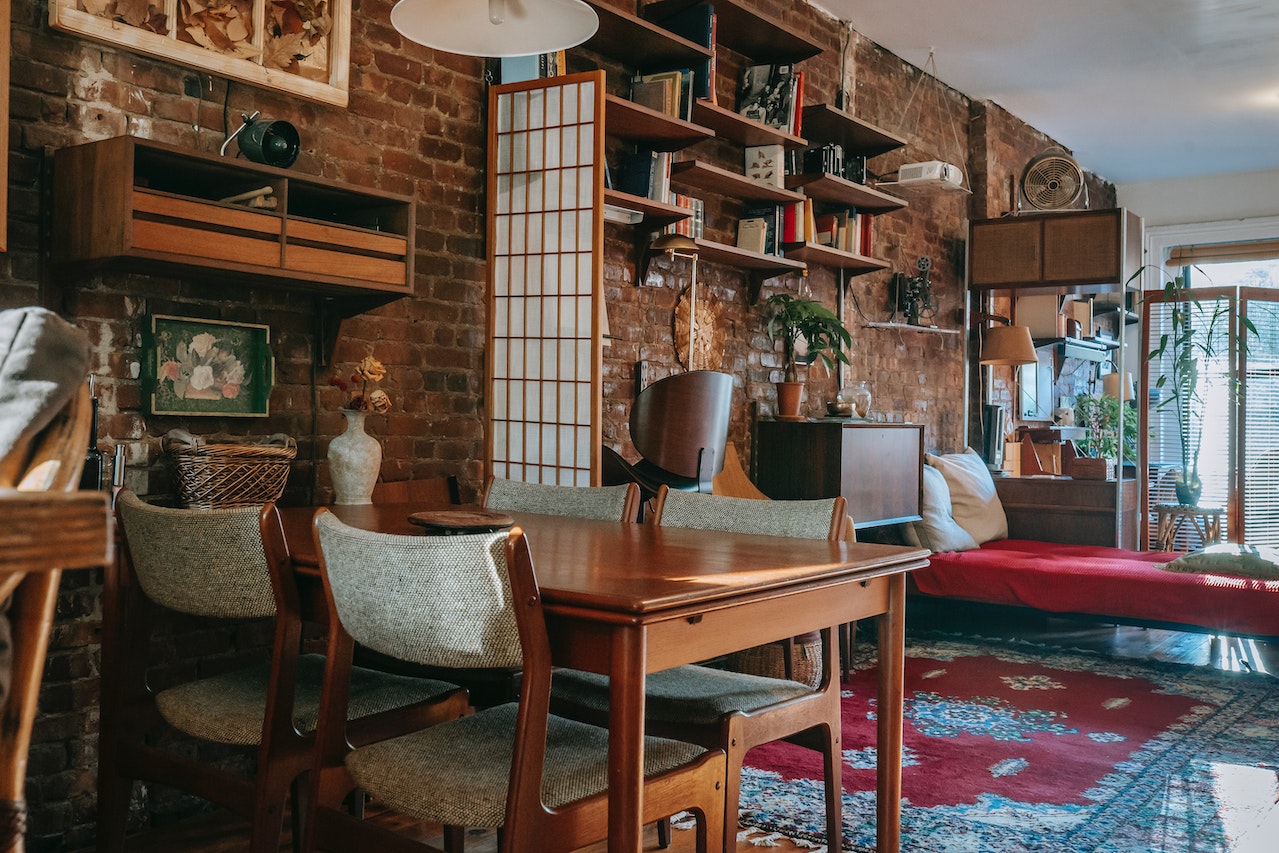 An eclectic dining room with lots of decor.