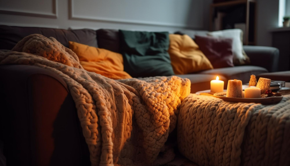A sofa with soft pillows and a blanket near the coffee table with candles.