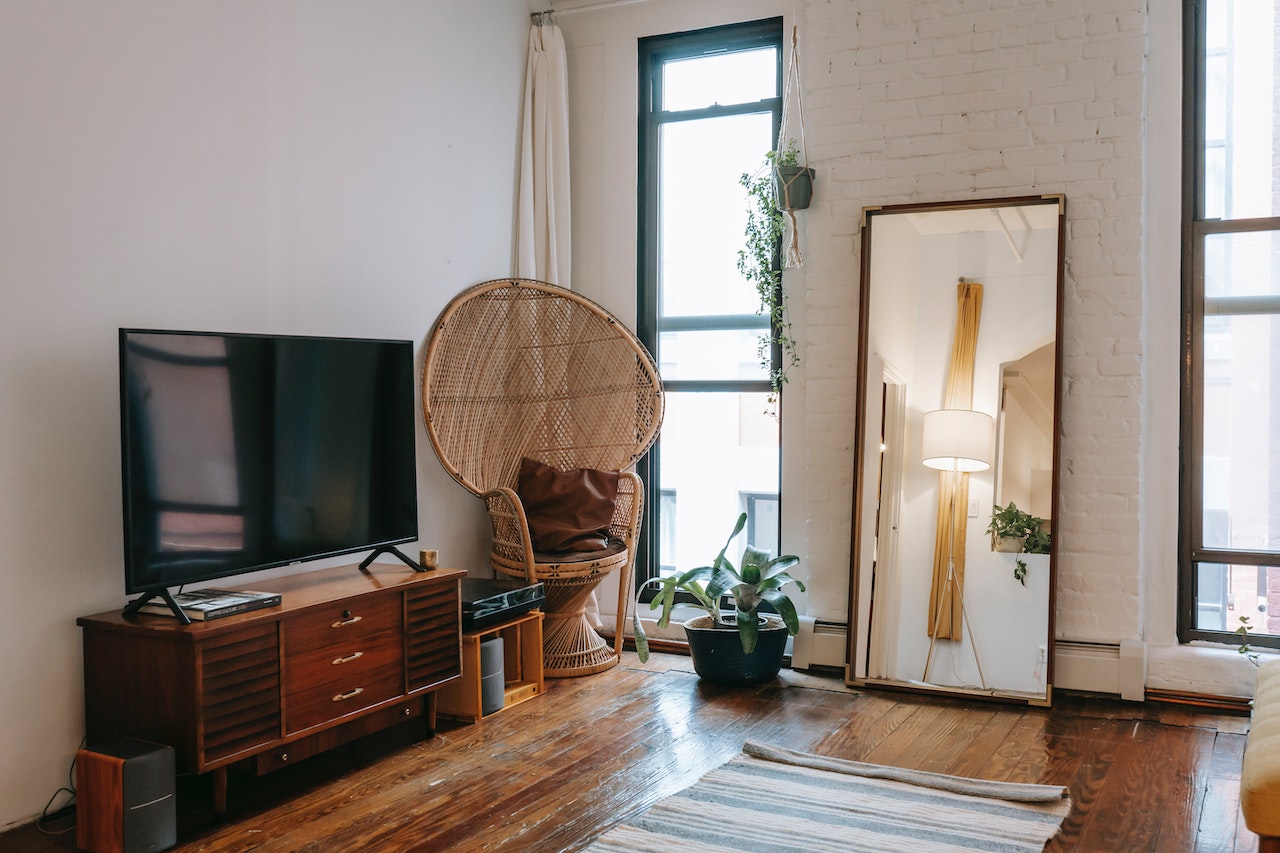 a living room with natural materials