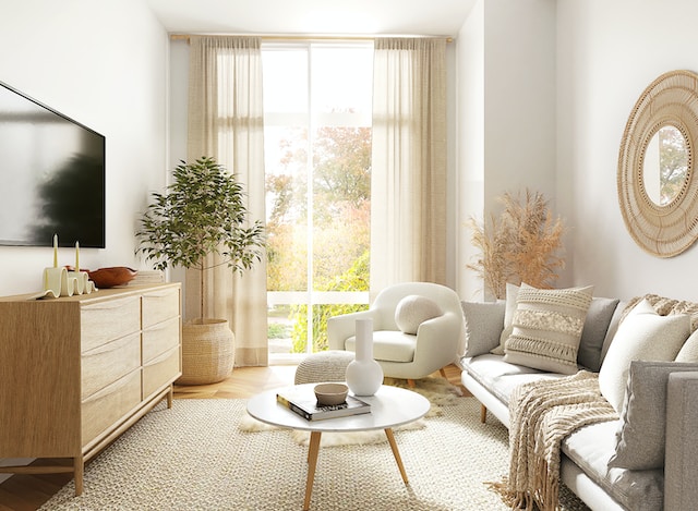 A comfortable living room decorated with soft textures.